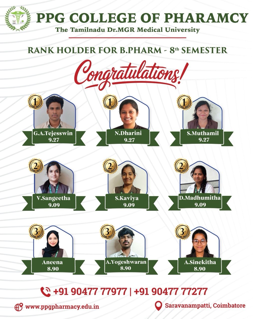 RANK HOLDERS FOR B. PHARM 8th SEMESTER